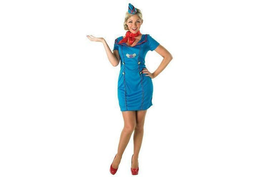 Adult air hostess costume set with dress, hat, and scarf for dress-up play at home.