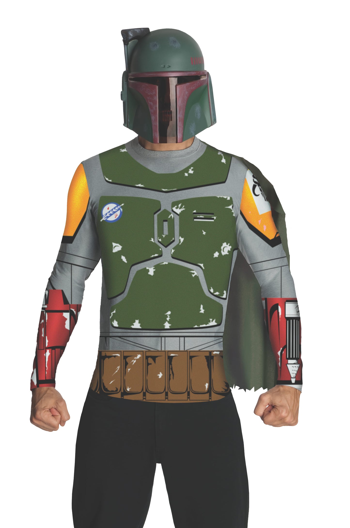 Boba Fett adult costume top and mask set for Star Wars fans at home.