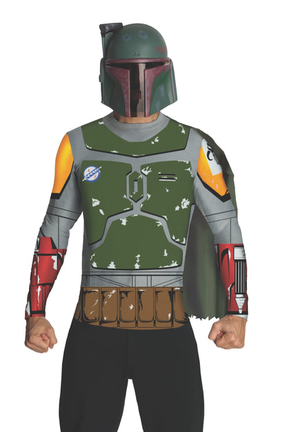 Boba Fett adult costume top and mask set for Star Wars fans at home.