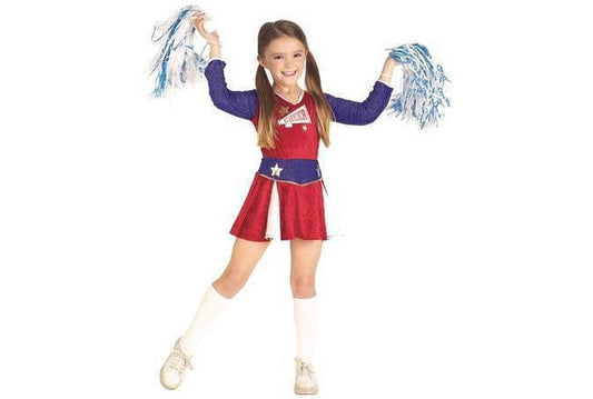 Kids retro cheerleader costume in blue and white for playful home dress-up fun.