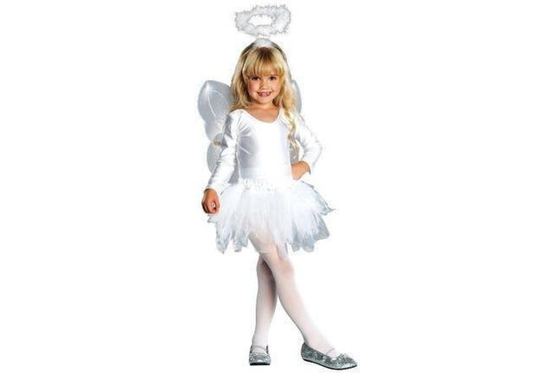 Kids angelic Christmas costume with wings and halo, perfect for holiday dress-up at home.