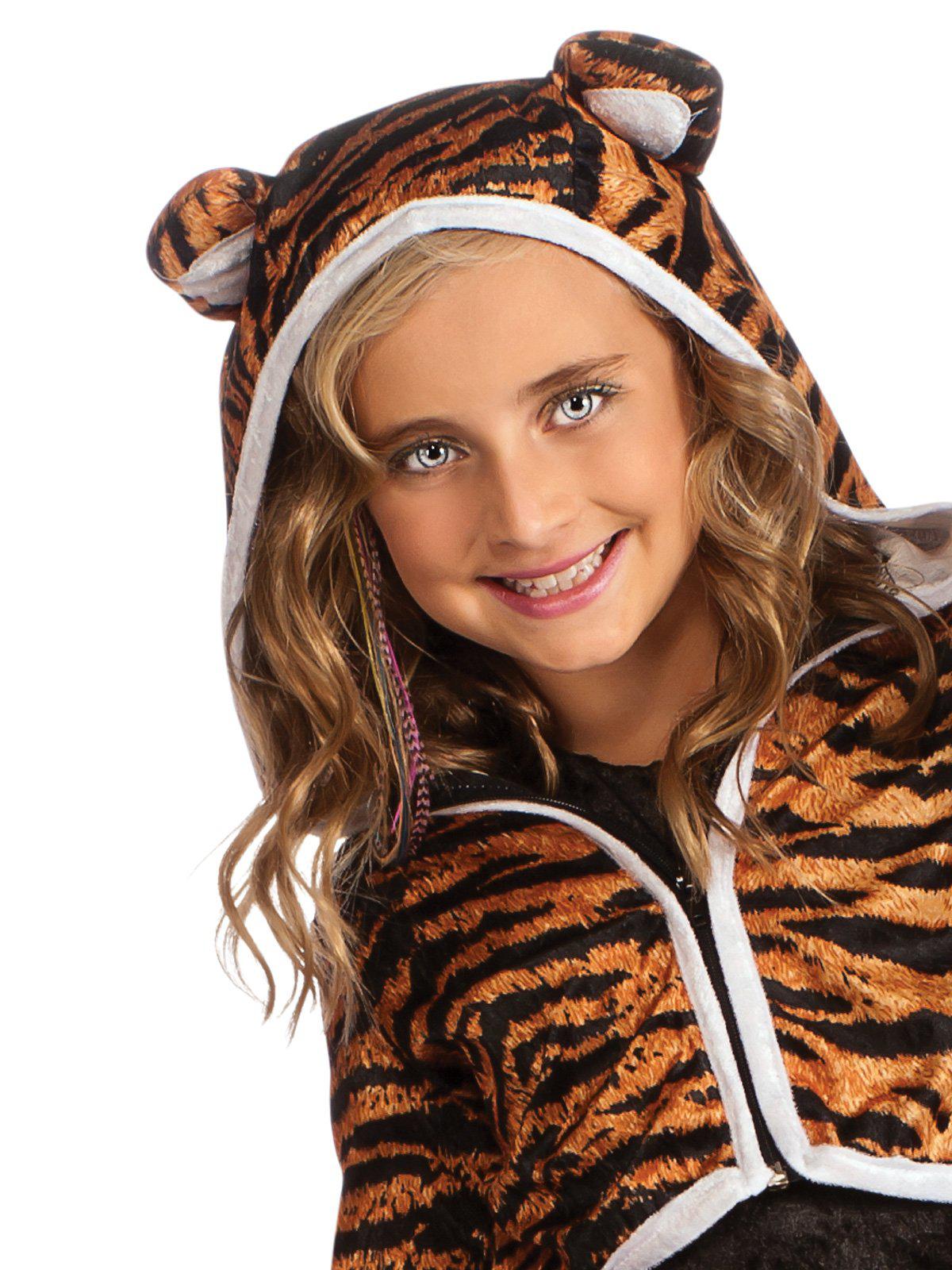 Kids Tigress Tutu Dress Costume with Hood and Gloves for playful dress-up at home.