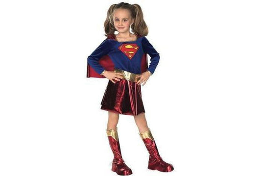 Dazzling Supergirl Costume for Kids in S, M, L sizes for playful dress-up fun at home.