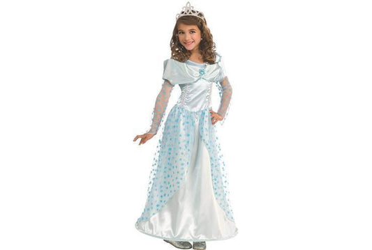 Blue satin Princess Costume for girls, perfect for home play and dress-up fun.