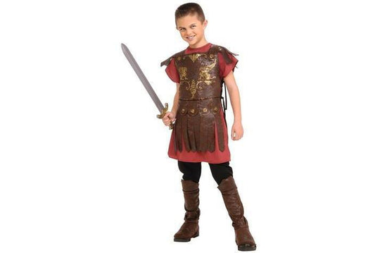 Kids Roman Gladiator Costume Set with Tunic, Armor and Pants, ideal for playtime fun.