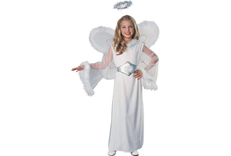 Kids snow angel costume with wings and halo for imaginative play and holiday events.