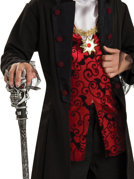 Kids royal vampire costume set with black coat, perfect for home dress-up fun.