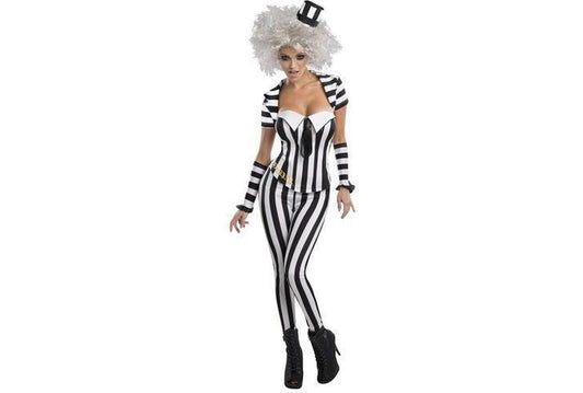 Beetlejuice Striped Corset Costume Set for Adults, a fun Halloween outfit for kids parties.