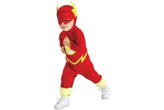 Childs Flash costume for imaginative play at home, featuring iconic lightning bolt emblem.