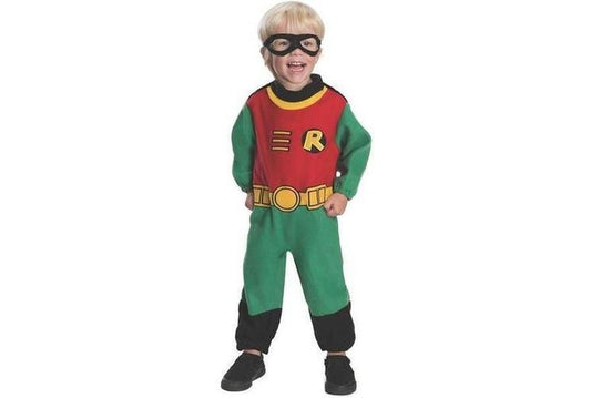 Robin Teen Titans baby costume with cape and mask for superhero play at home.