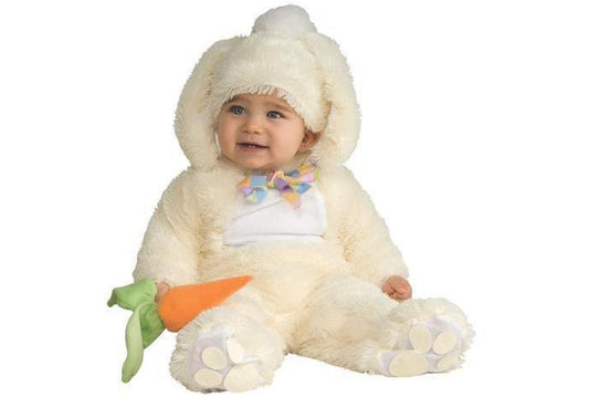 Soft plush vanilla bunny costume with carrot rattle, perfect for kids imaginative play.