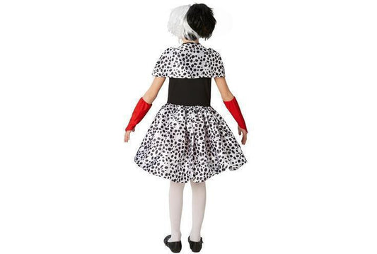 Cruella De Vil tween costume with black and white dress for Disney-themed childrens parties.