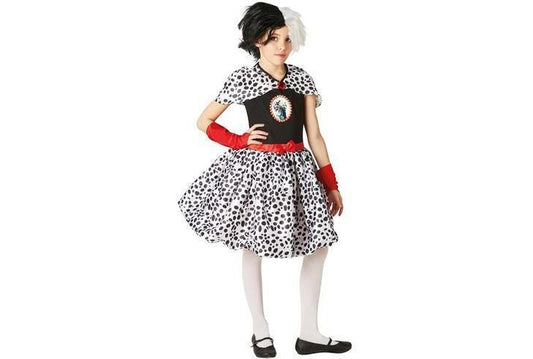 Tween Disney Cruella De Vil costume for kids playwear or Halloween dress-up. Black and white design.