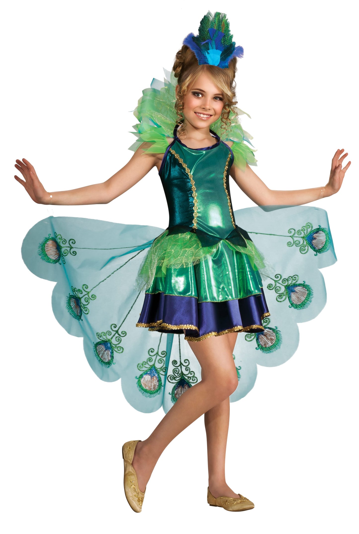 Kids peacock costume with glittery tail and headpiece for imaginative play at home.