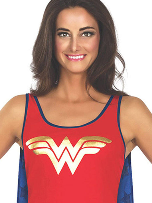 Wonder Woman tank dress with cape ideal for kids imaginative DC Comics play at home.