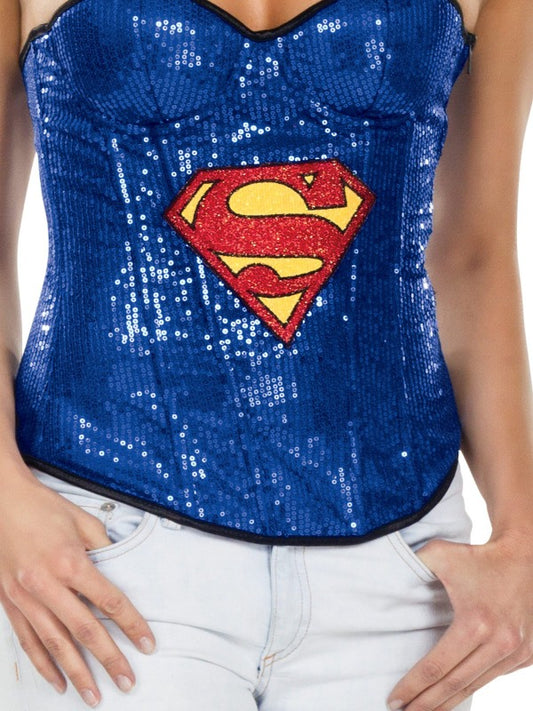 Supergirl DC Comics Sequin Corset Costume for Adults, perfect for kids dress-up play at home.