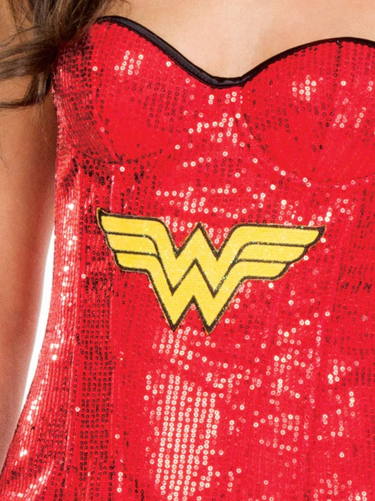 Sequin Wonder Woman corset for adults, Official DC Comics costume - perfect for hero-themed parties.