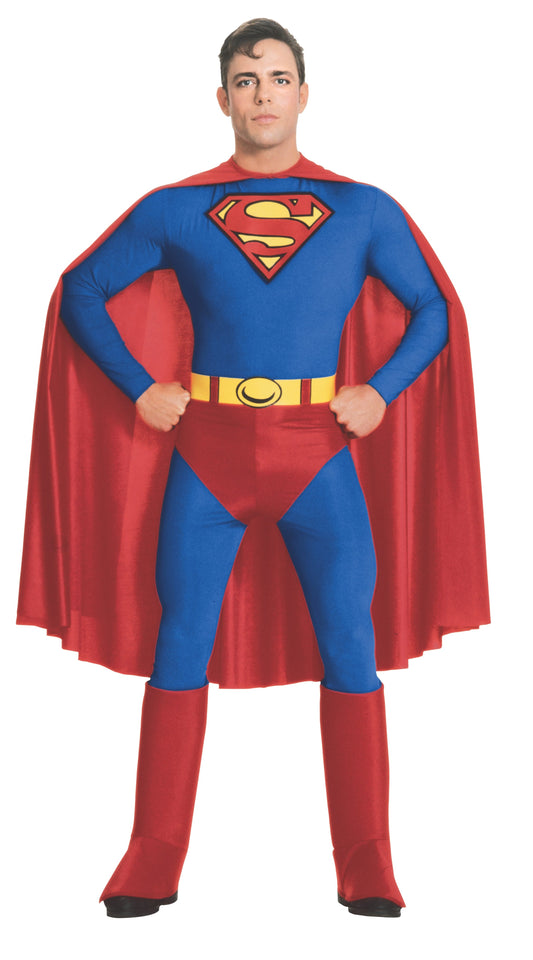 Superman adult costume, DC Comics licensed outfit, ideal for childrens dress-up play at home.