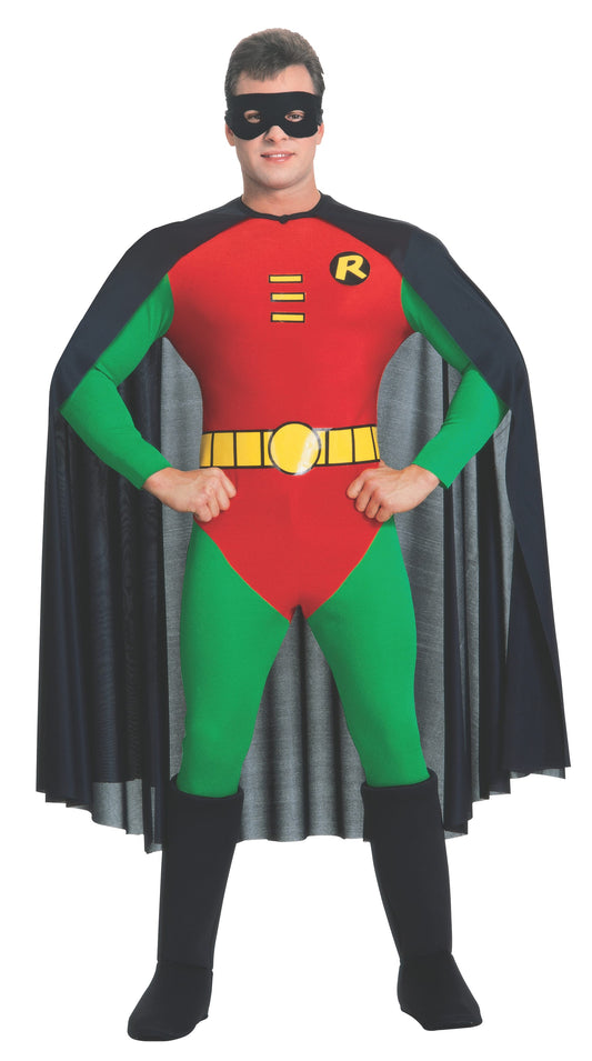 Robin DC Comics costume set with cape and mask, ideal for kids superhero dress-up.