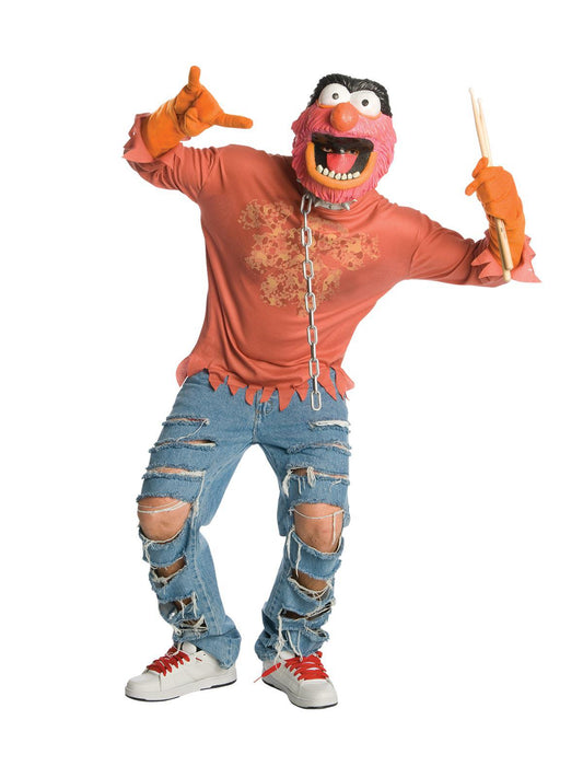 Colorful Muppets costume with mask and drumsticks, ideal for childrens dress-up play at home.