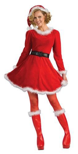 Adult Mrs. Claus costume set perfect for festive family celebrations at home.