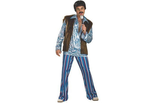 Adult 70s rock star costume | groovy shirt and fur vest for nostalgic home play.