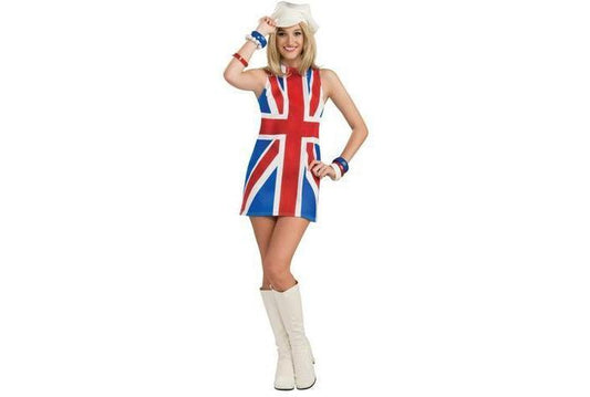 Kids Union Jack mini dress and cap costume set for British-themed playtime fun.