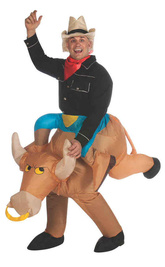 Inflatable bull rider costume for adults, perfect Halloween outfit for realistic ride experience.