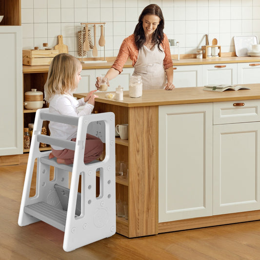 Kids step stool with safety rails, adjustable height tower for safe, independent home tasks.