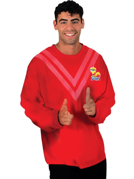 The Wiggles Simon Adult Red Costume Top for 30th Anniversary celebrations, ideal for dress-up.