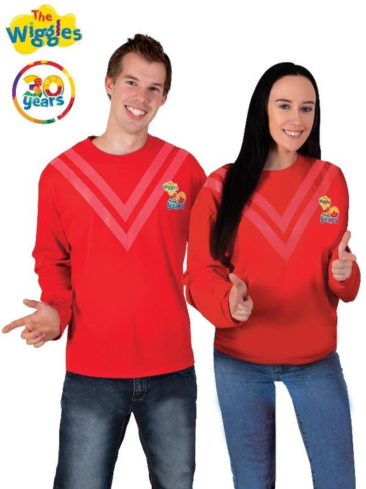 Wiggles Simon adult red costume top, perfect for 30th anniversary celebrations and dress-up fun.