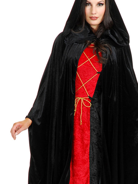 Adults black velvet hooded cloak - versatile costume for childrens dress-up play at home.