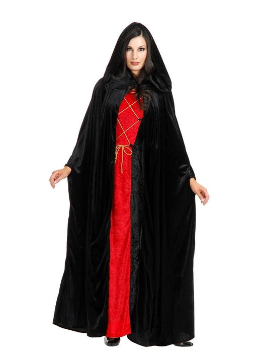 Adults black velvet hooded cloak, one size, ideal for costume parties or Halloween.