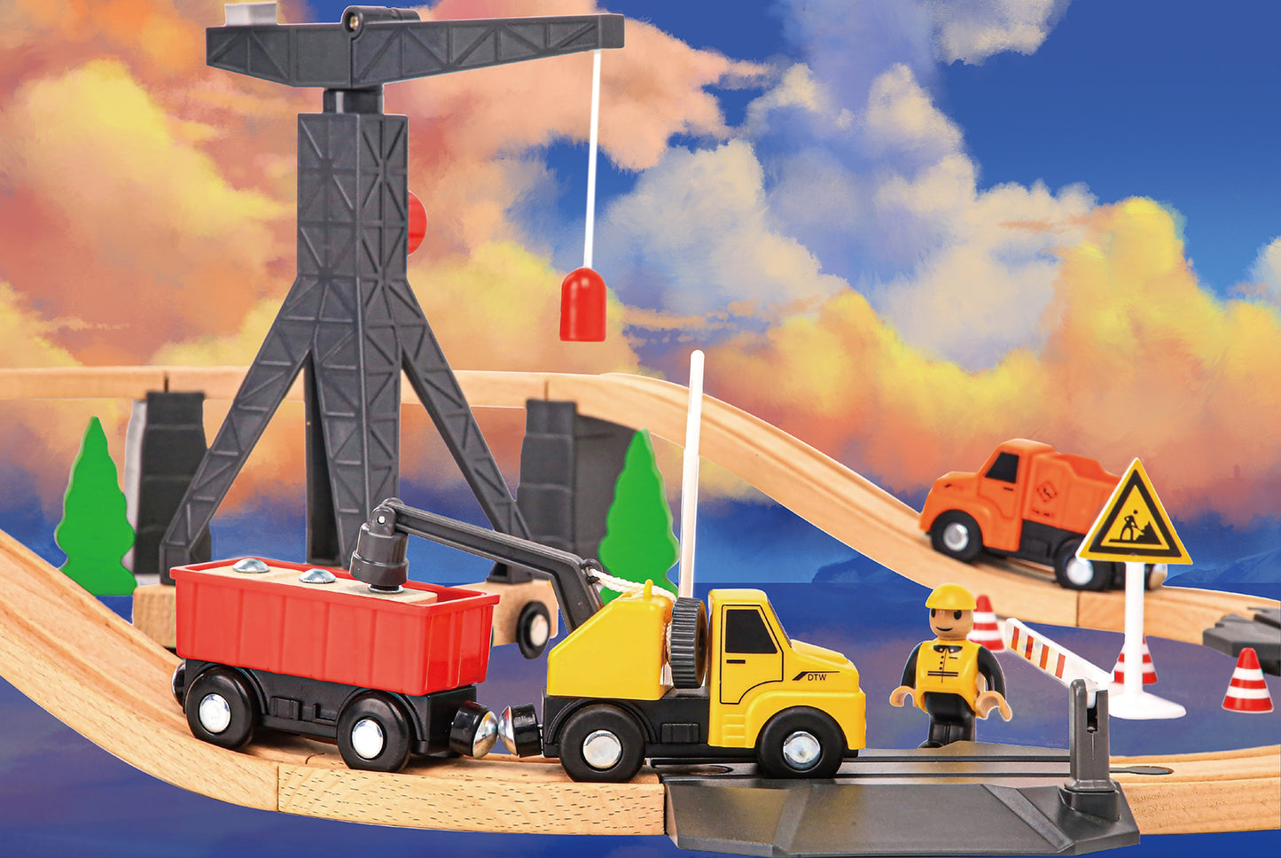 35-piece construction yard train set for creative playtime, perfect for kids imaginative fun.