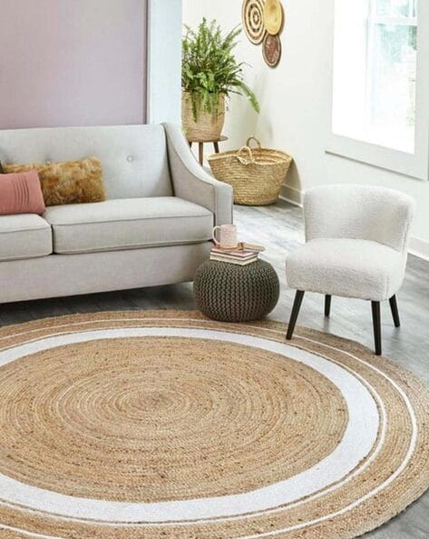 Eco-friendly round jute rug for kids rooms, 120cm decorative design, perfect for sustainable decor.