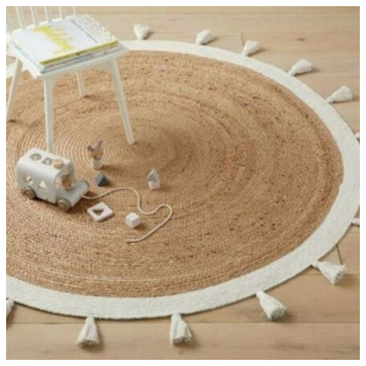 Bohemian round rug with tassel, 120cm, ideal for adding texture to childrens room.