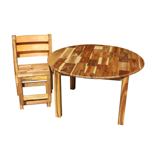 Kids 3-piece outdoor furniture set featuring Acacia Round Table and 2 Stacking Chairs.