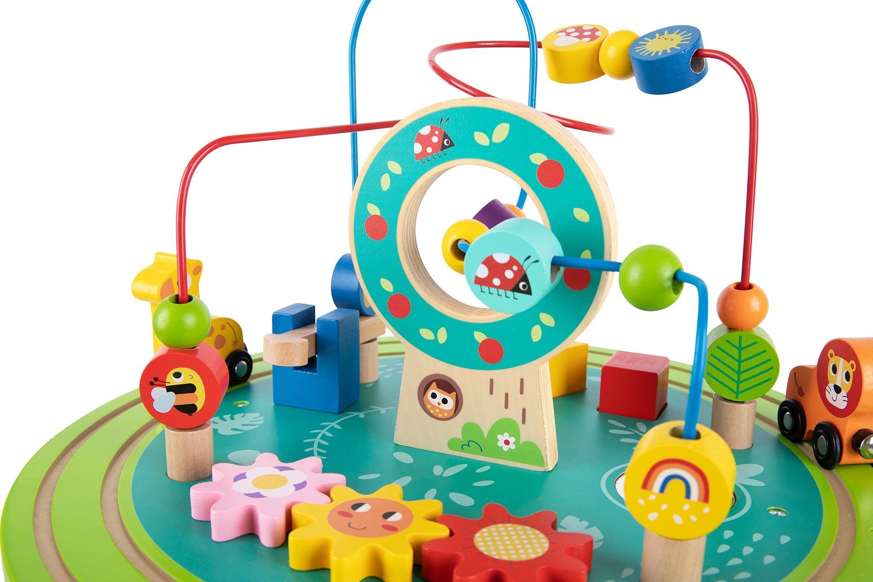 Kids play table with versatile activities | bead maze, train track, and shape sorter.