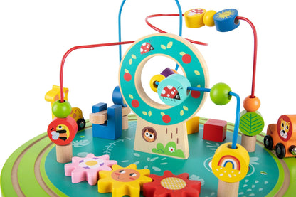 Kids play table with versatile activities | bead maze, train track, and shape sorter.