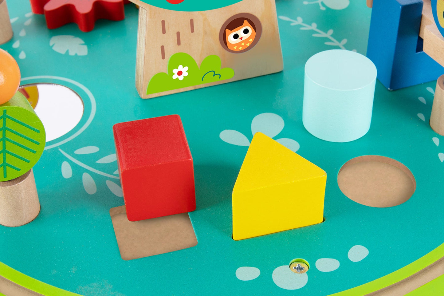 Kids activity table with bead maze, train track and shape sorter for interactive play