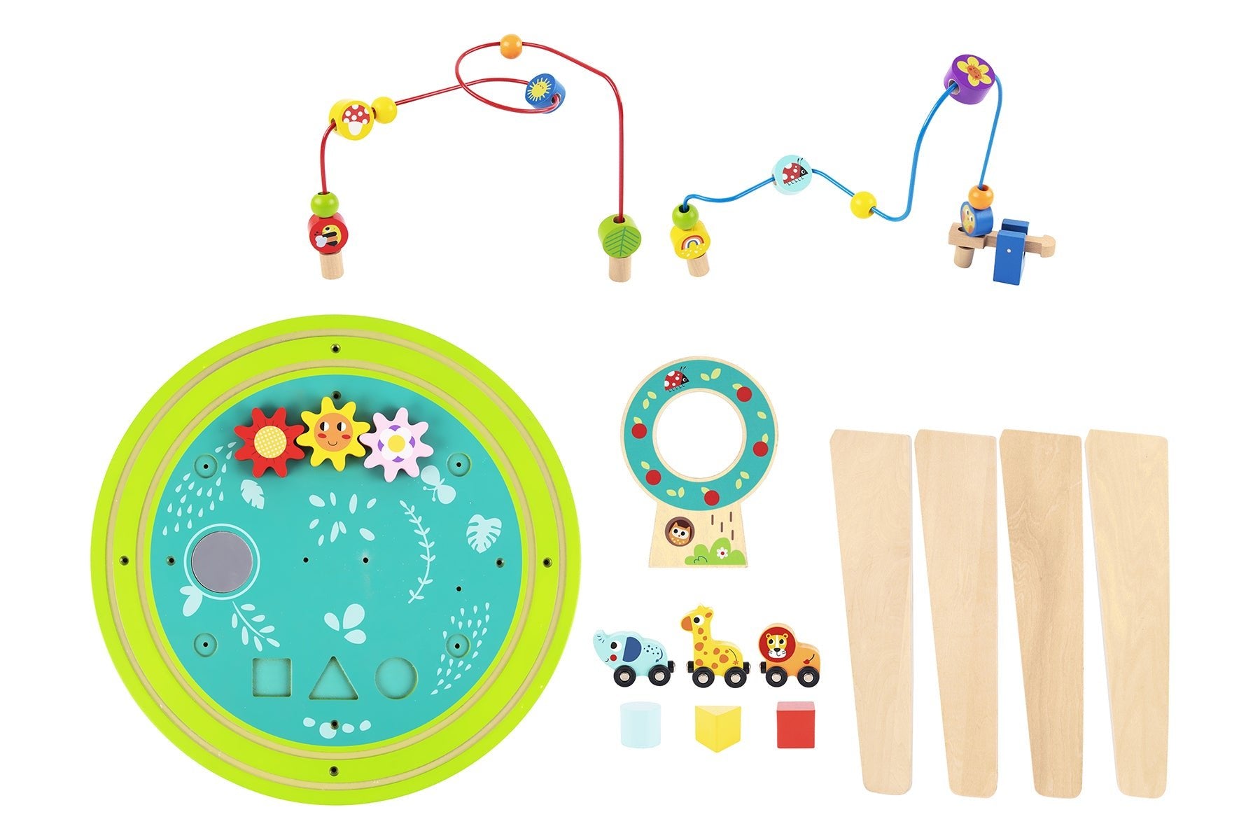 Kids activity table with bead maze, train track and shape sorter for interactive play at home