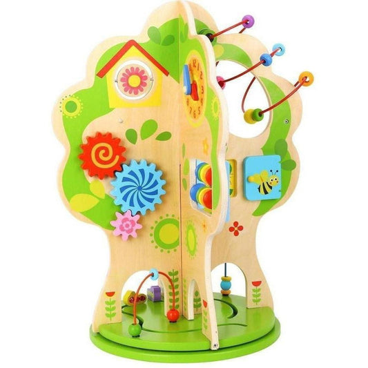 Colorful interactive activity tree toy for childrens play and learning at home.