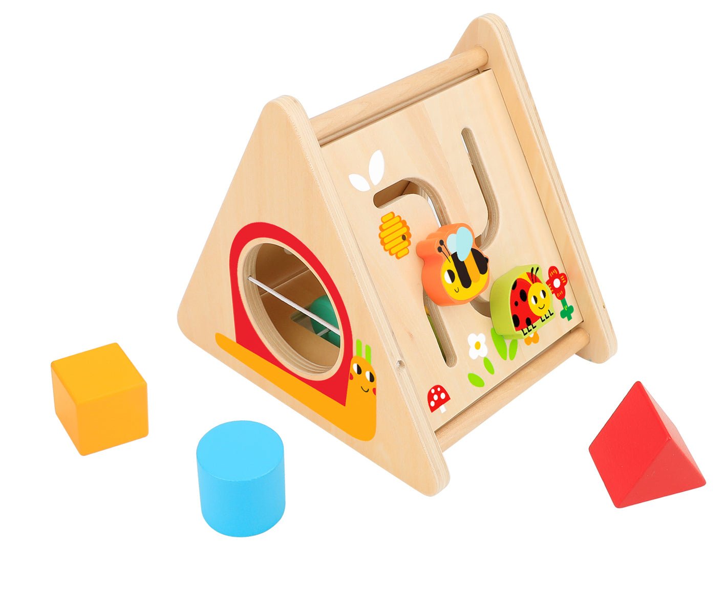 Colorful activity triangle toy for toddlers. Stimulates learning and creativity at home.