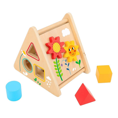 Colorful wooden activity triangle for toddlers, promoting motor skills and cognitive development at home.