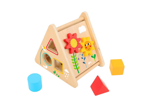 Colorful wooden activity triangle for toddlers, promoting motor skills and cognitive development at home.