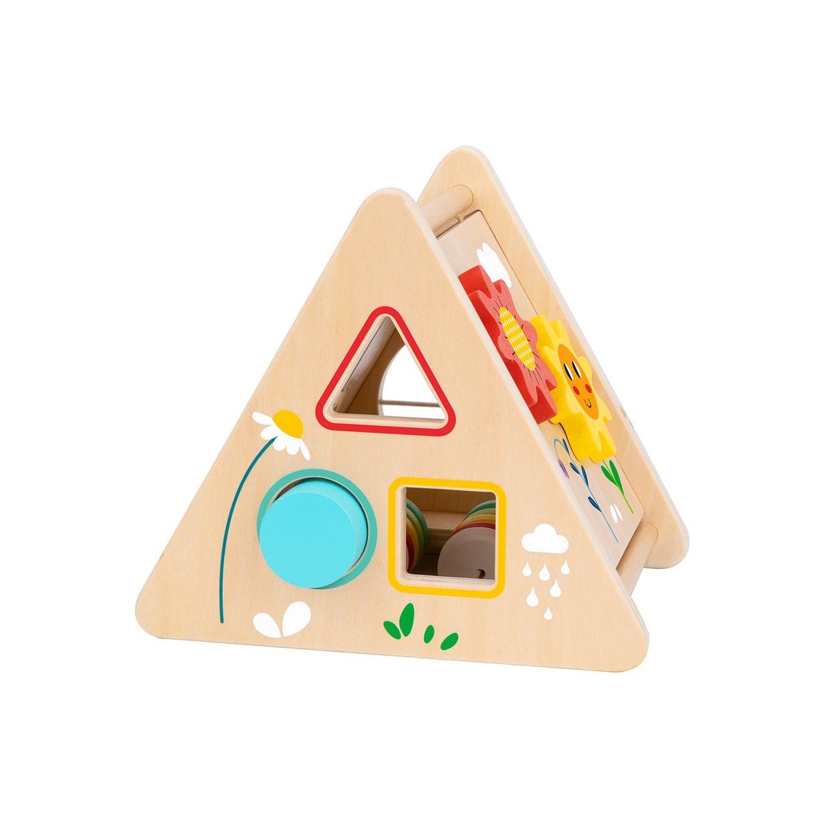 Colorful wooden activity triangle for kids learning and play at home.