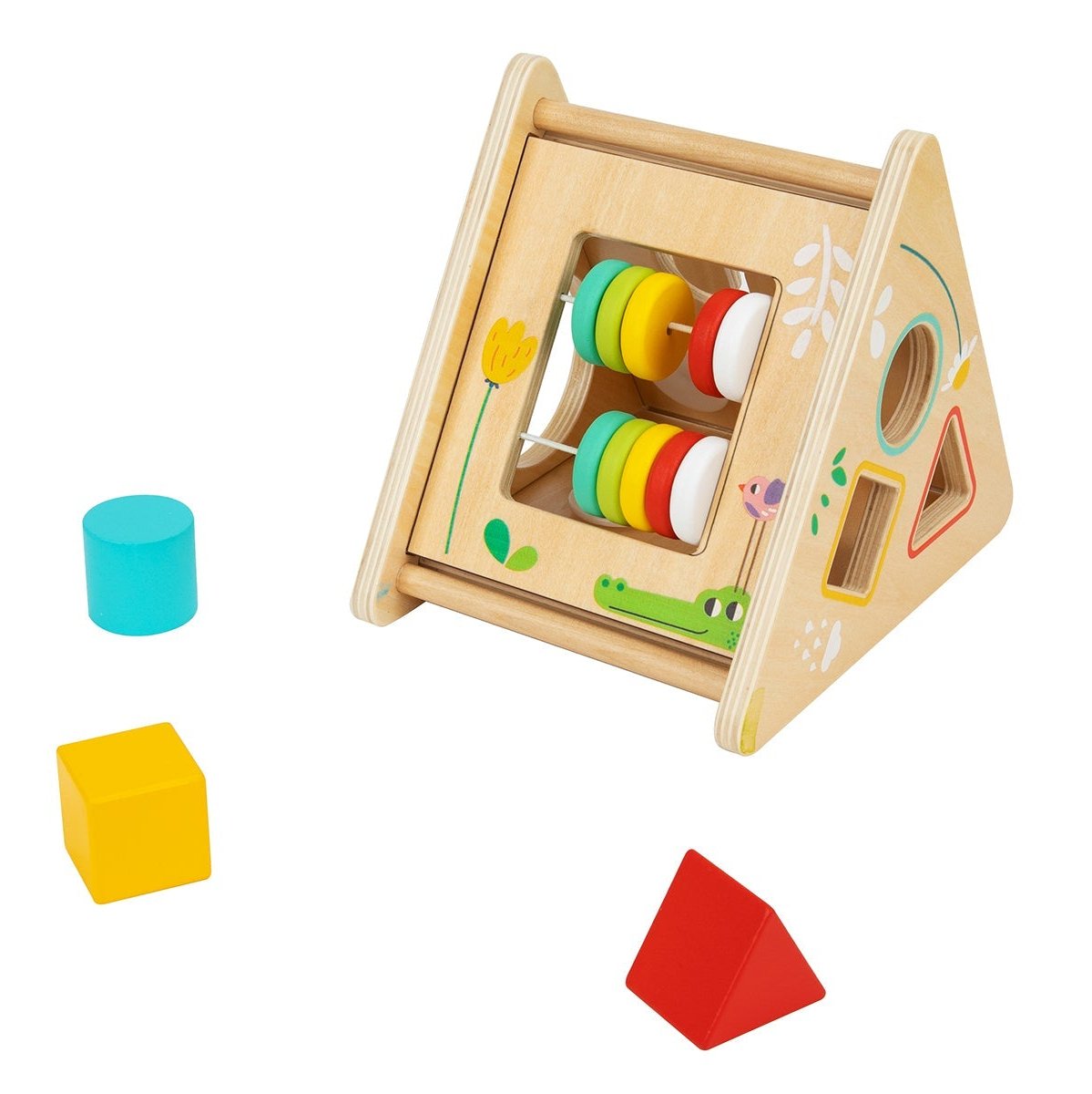 Colorful activity triangle toy for interactive play, promoting motor skills and sensory development.