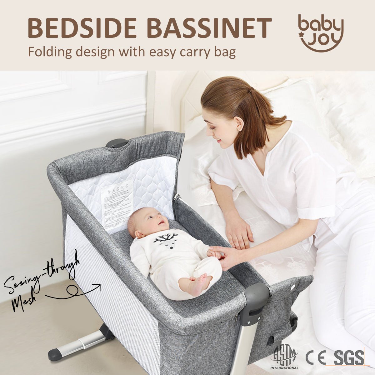 Modern Adjustable Height Baby Bassinet - Comfy Mattress & Portable Carry Bag