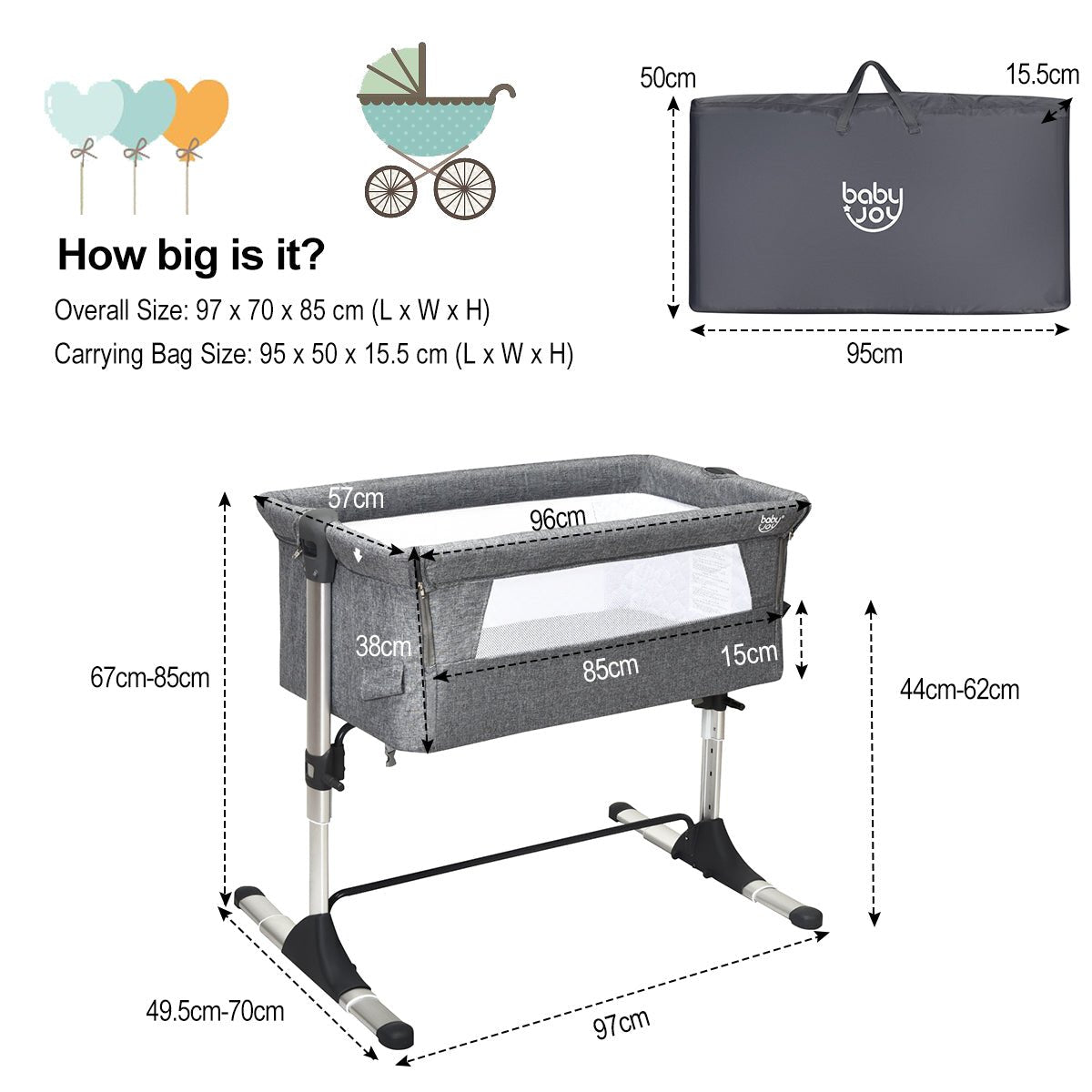 Comfortable Baby Bassinet Cot - Adjustable Height, Cushioned Mattress & Carry Bag