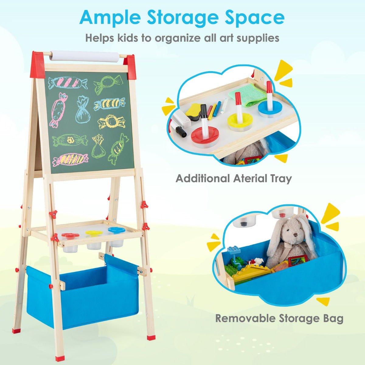 Adjustable Height Double Sided Easel with Magnetic Chalkboard for Toddlers
